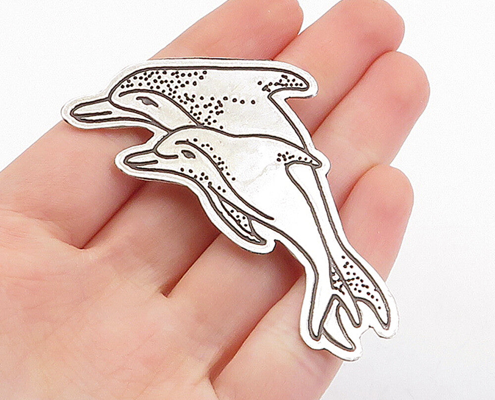 EFS MEXICO 925 Sterling Silver  Vintage Mom & Baby Dolphin Brooch Pin  BP1251