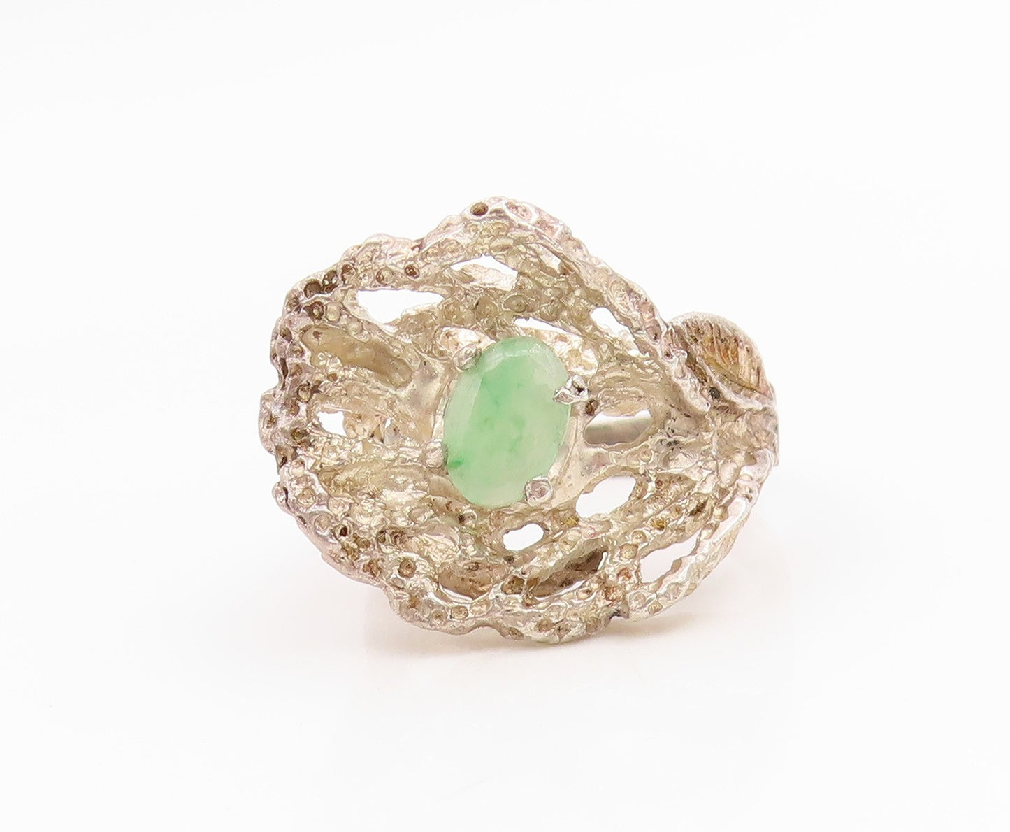 925 Sterling Silver Vintage Ring Jade Brutalist Design Band  Sz 7.5  RG35963