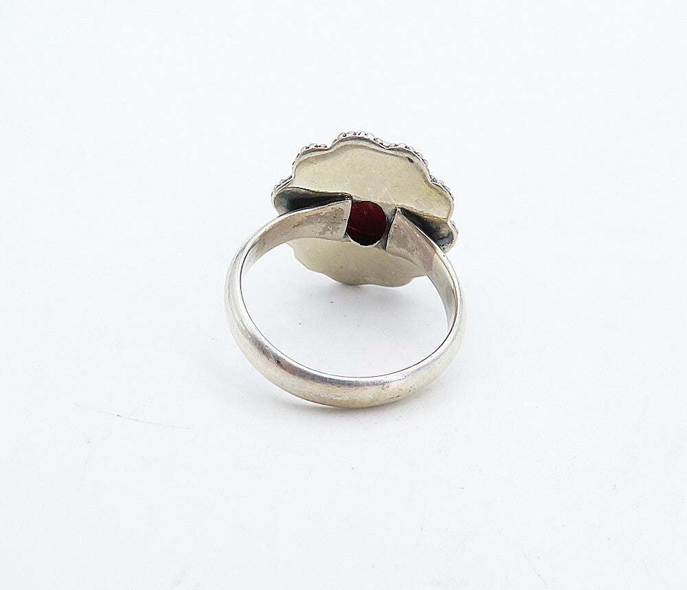 925 Sterling Silver  Vintage Ruby Floral Border Cocktail Ring Sz 7.5  RG4504