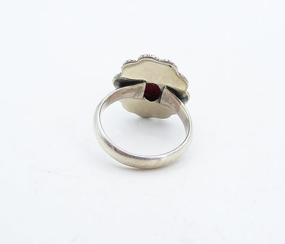 925 Sterling Silver  Vintage Ruby Floral Border Cocktail Ring Sz 7.5  RG4504