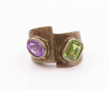925 Sterling Silver Vintage Ring Dark Tone Amethyst & Peridot  SZ 6  RG32229