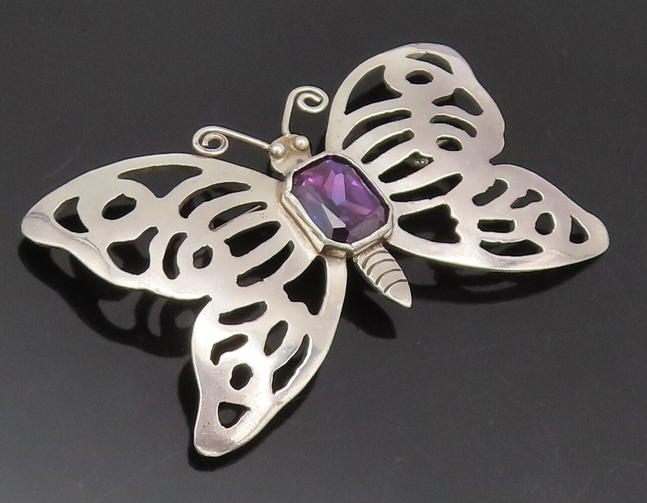 925 Silver  Vintage Spinel Lab Amethyst Stencil Butterfly Brooch Pin  BP10520