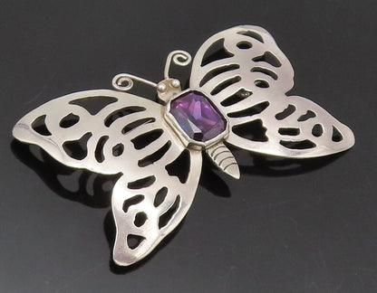 925 Silver  Vintage Spinel Lab Amethyst Stencil Butterfly Brooch Pin  BP10520