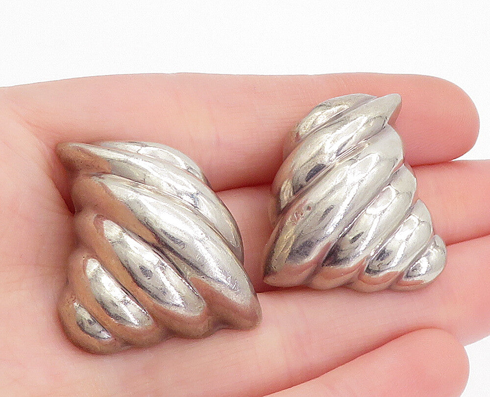 MEXICO 925 Sterling Silver  Vintage Fluted Hollow Non Pierce Earrings  EG2370