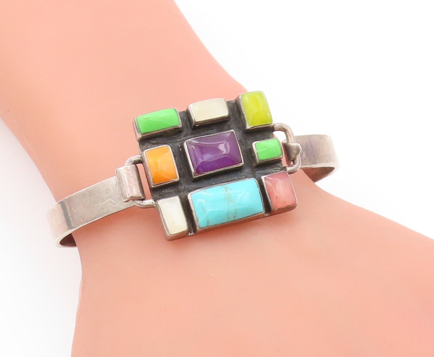 925 Sterling Silver Vintage Bracelet Rectangle Cut Multi Gemstones Inlay BT11159