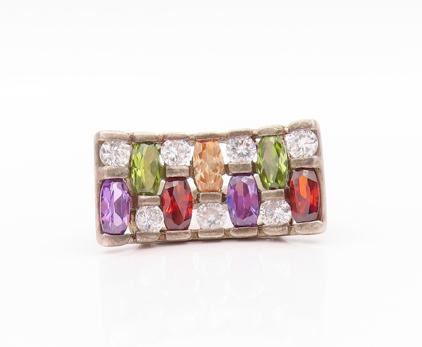 925 Sterling Silver Vintage Ring Amethyst Garnet Peridot CZ Inlay Sz 6.5 RG32628