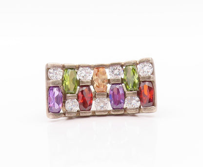 925 Sterling Silver Vintage Ring Amethyst Garnet Peridot CZ Inlay Sz 6.5 RG32628