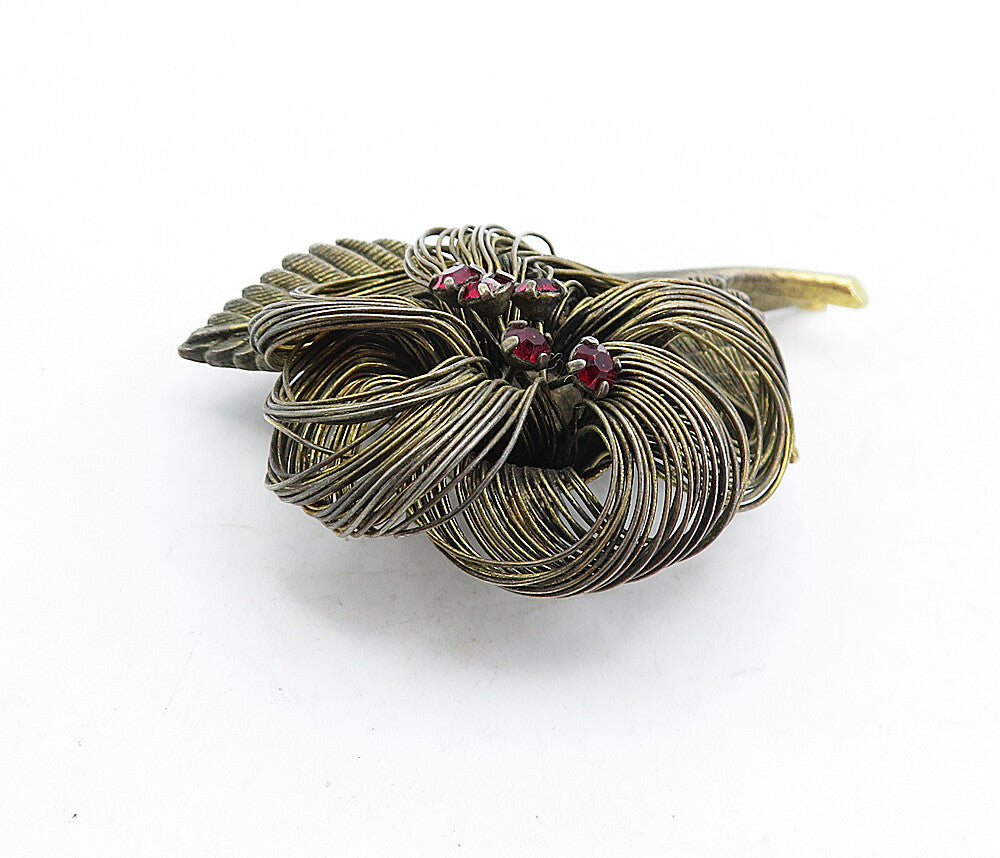 925 Sterling Silver  Vintage Red Topaz Wire Sculpted Flower Brooch Pin  BP1999