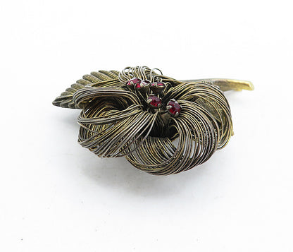 925 Sterling Silver  Vintage Red Topaz Wire Sculpted Flower Brooch Pin  BP1999