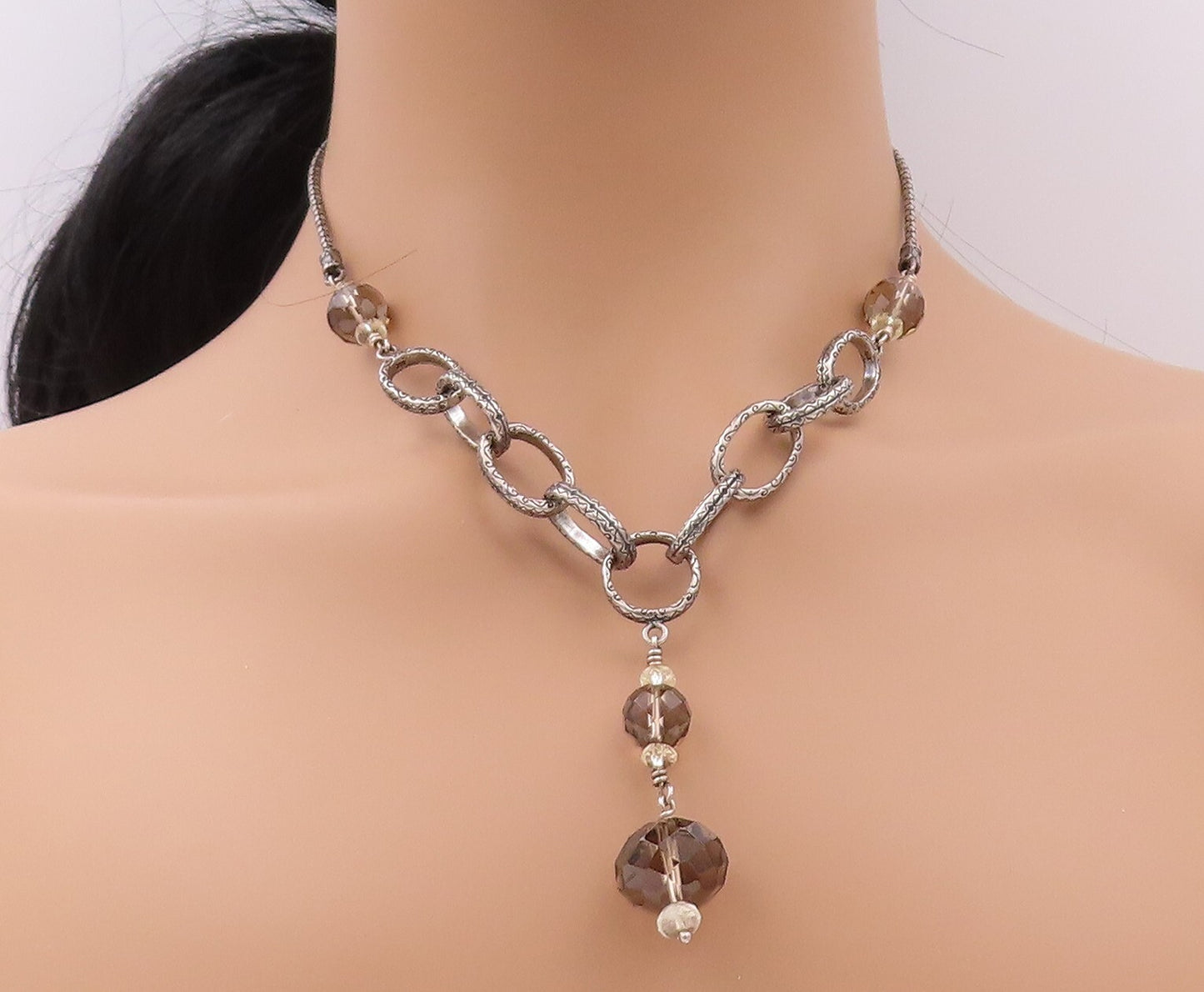 925 Sterling Silver Vintage Necklace SILPADA Etched Rings & Smoky Quartz NE4357
