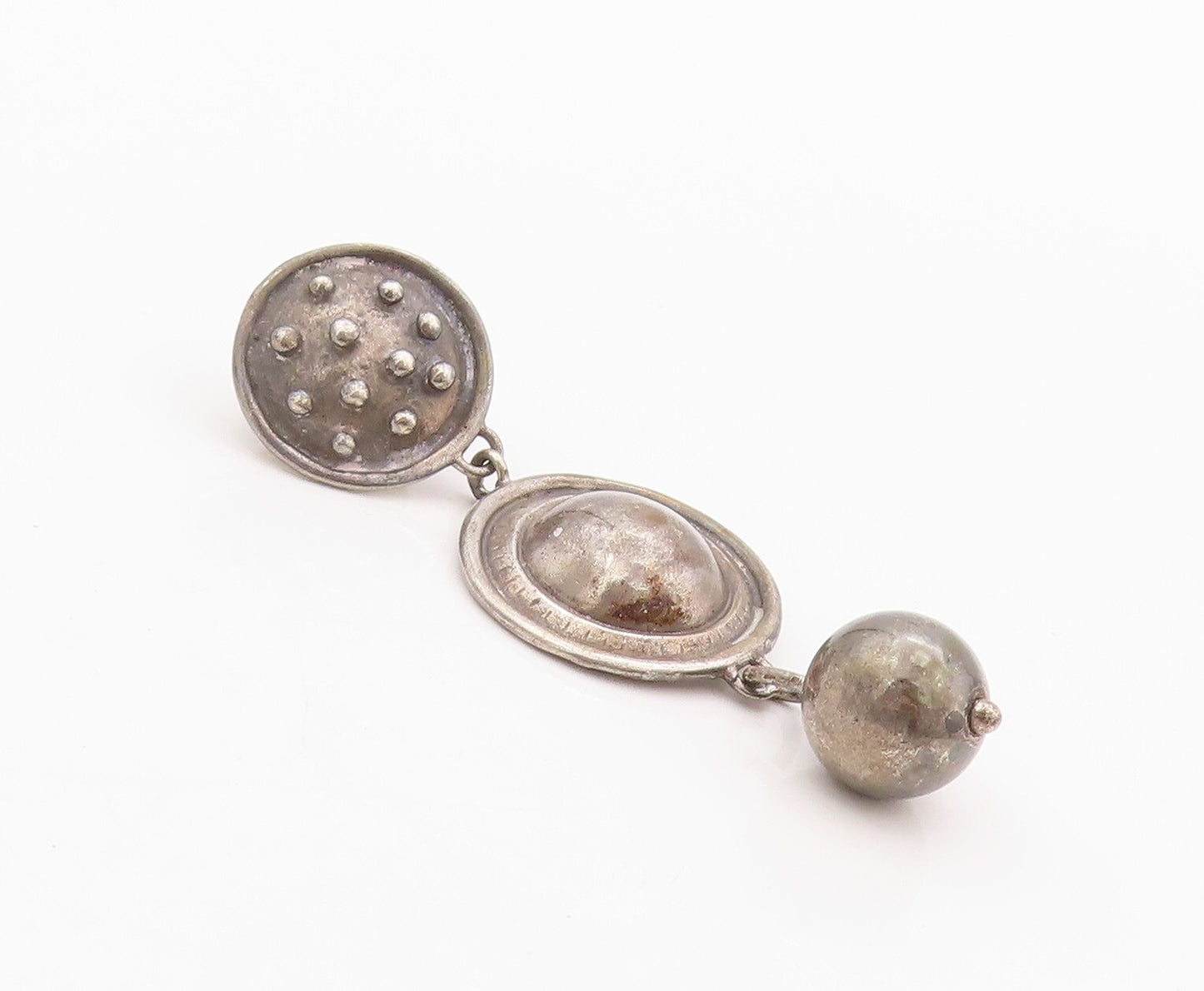 925 Sterling Silver Vintage Earrings Designer Drop Dark Tone Domed  EG13463