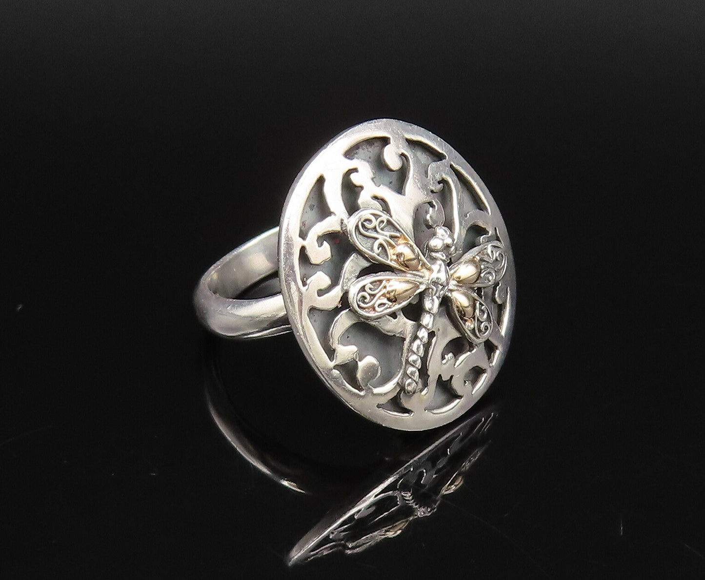 18K GOLD & 925 Silver  Vintage Open Swirl Frame & Dragonfly Ring Sz 7  RG26076