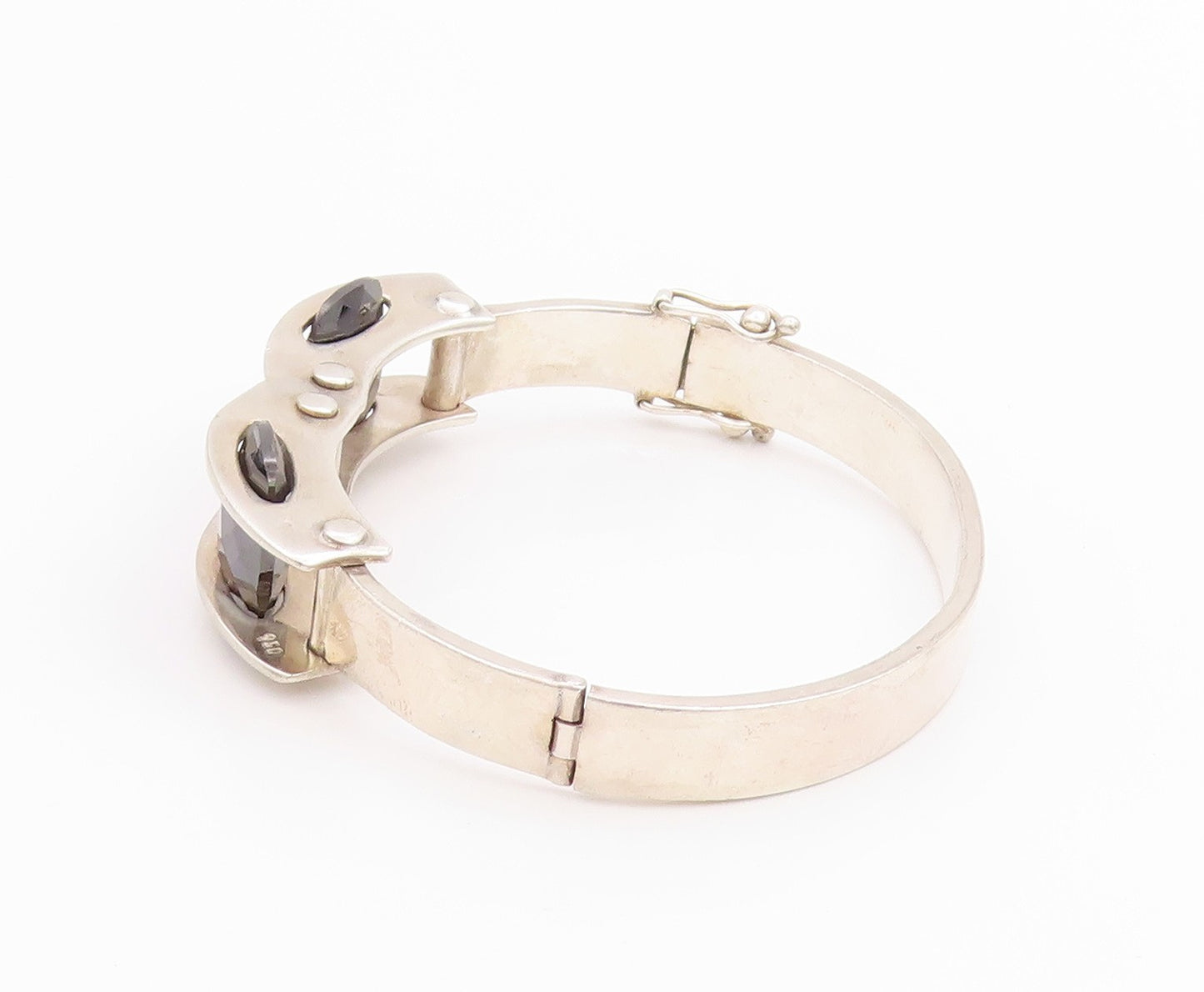 925 Sterling Silver Vintage Bracelet Modernist Design Cut Oval Hematite  BT11323
