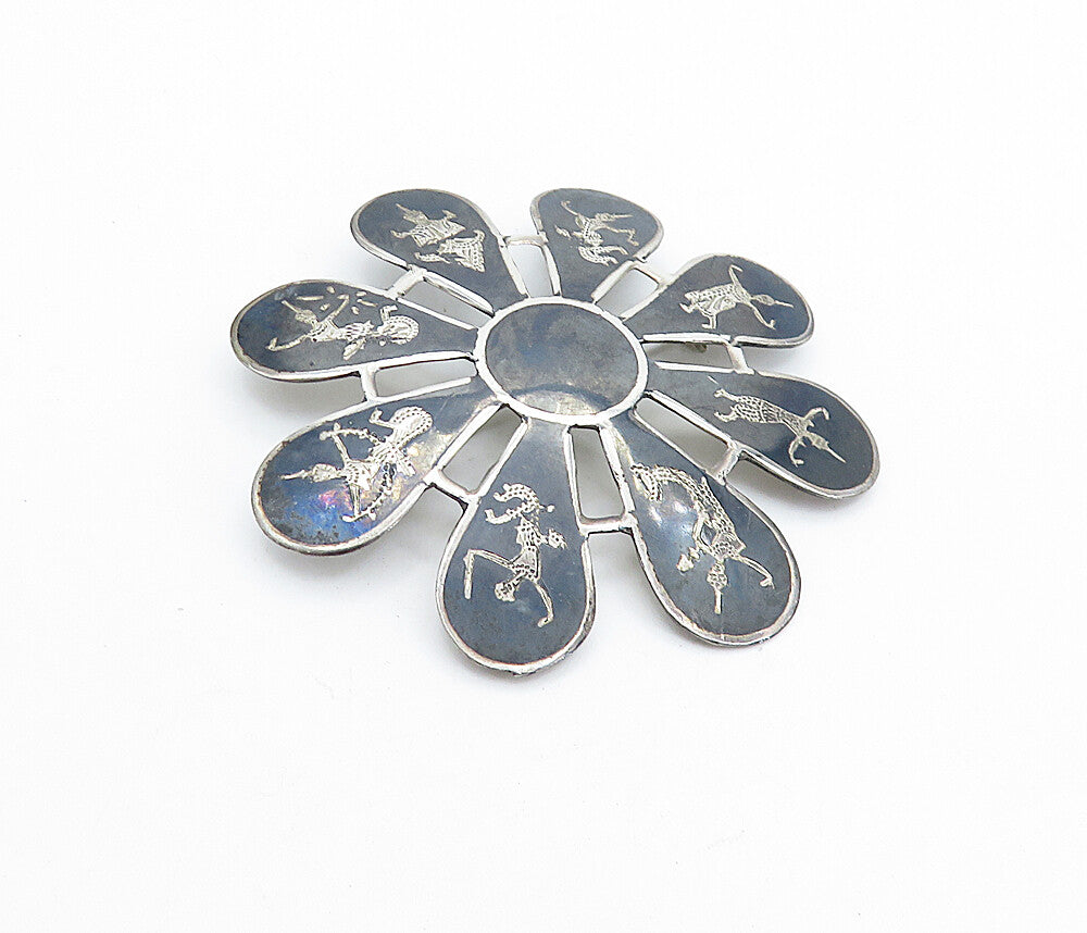 SIAM 925 Sterling Silver Vintage Niello Dancer Floral Brooch Pin BP2649