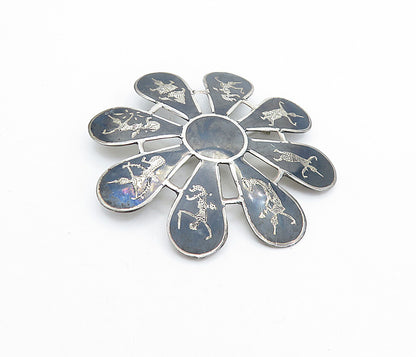 SIAM 925 Sterling Silver Vintage Niello Dancer Floral Brooch Pin BP2649