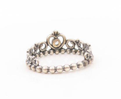 925 Sterling Silver Vintage Ring PANDORA CZ Heart Cutout Tieara  SZ 8.5  RG31968