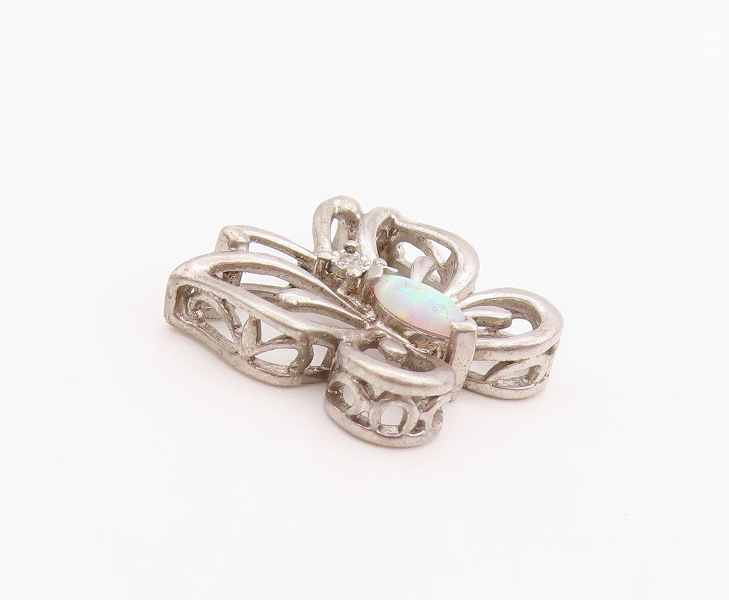 925 Sterling Silver Vintage Pendant Diamonds & Opal Cutout Butterfly  PT24692