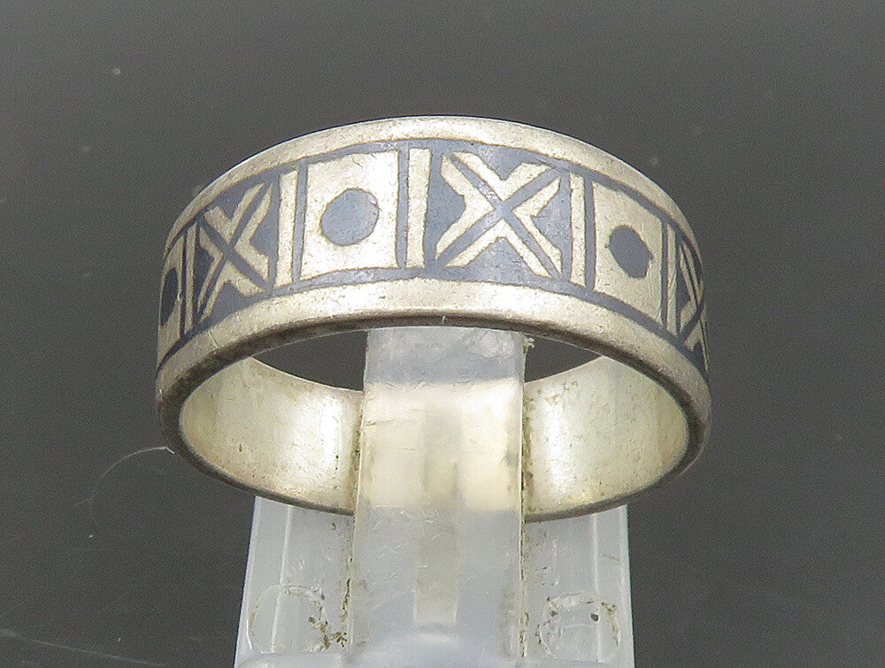 EUROPEAN 925 Silver  Vintage Enamel XO Pattern Tapered Band Ring Sz 8  RG24008