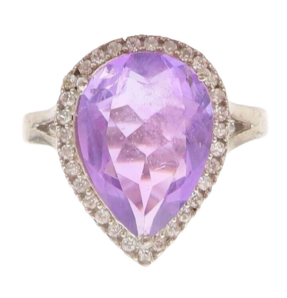 925 Sterling Silver Vintage Ring Diamonds & Drop Cut Amethyst  Sz 7  RG30393