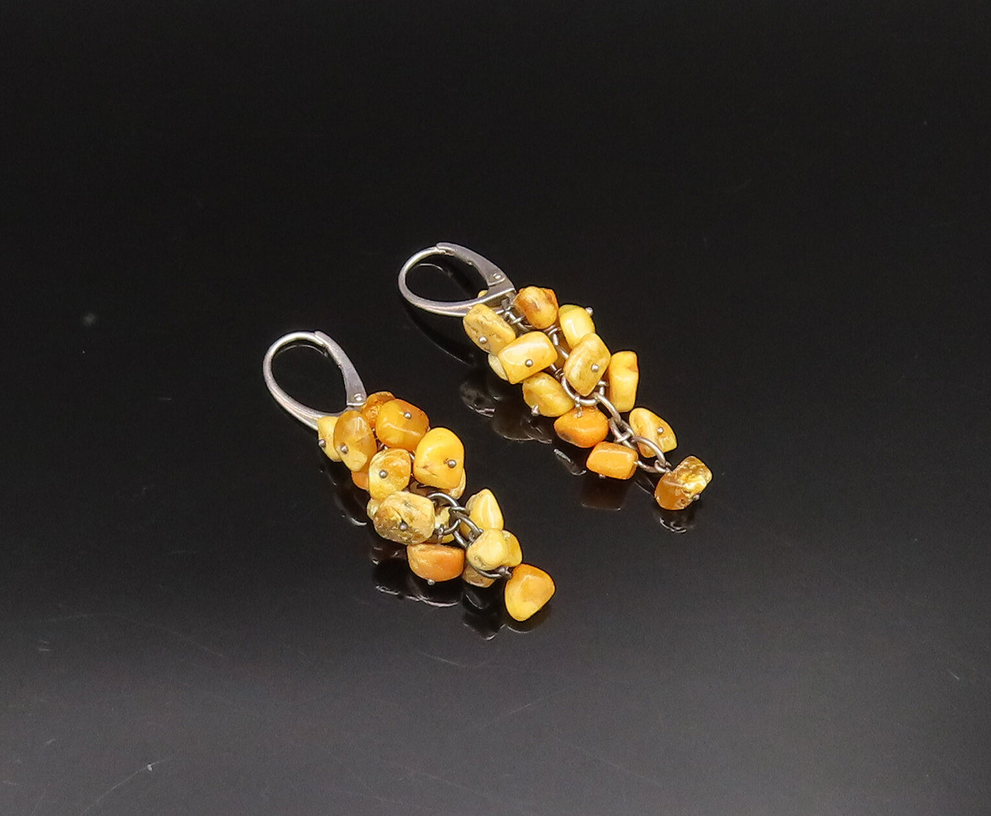 925 Sterling Silver  Vintage Yellow Jasper Cluster Dangle Earrings  EG12011
