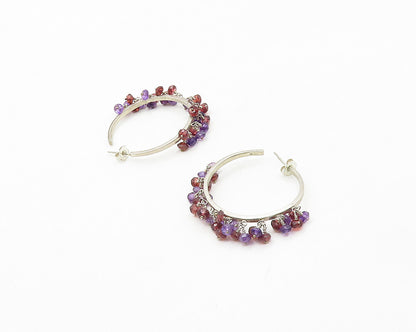 925 Sterling Silver   Vintage Amethyst & Topaz Beaded Hoop Earrings  EG8939