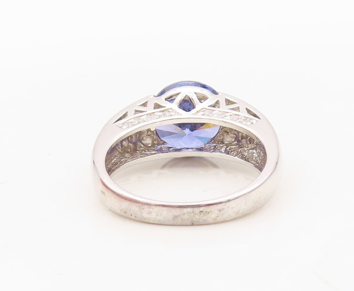 925 Sterling Silver Vintage Ring Round Cut Sapphire & CZ Inlay Sz 7  RG30460