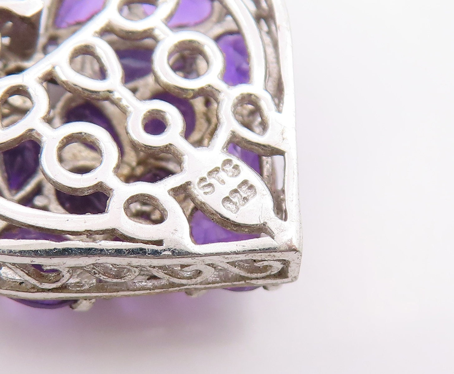 925 Sterling Silver Vintage Pendant Amethyst Elegant Love Heart Cluster  PT26101