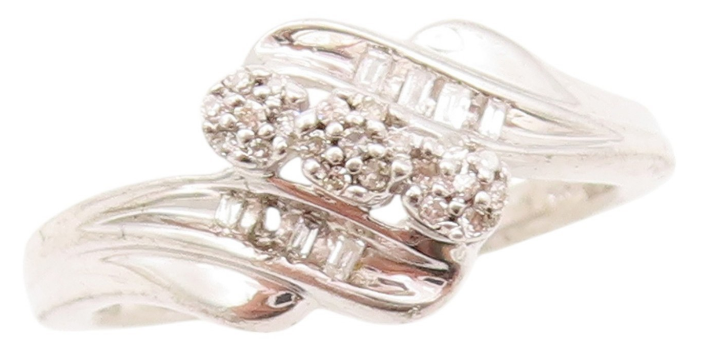 925 Sterling Silver Vintage Ring Modernist Genuine Round Diamonds Sz 7 RG32889