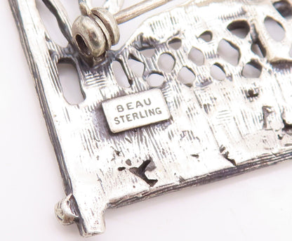 925 Sterling Silver Vintage Brooch Pin BEAU Cutout County House  BP11138