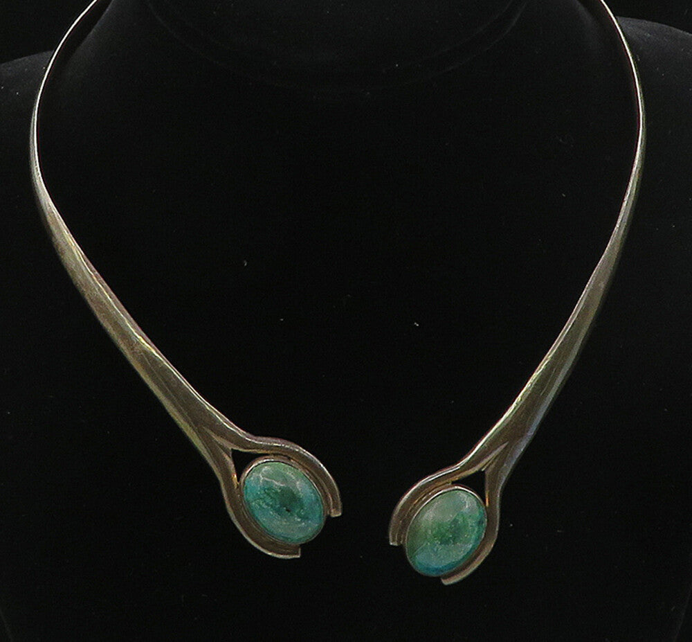 MEXICO 925 Silver Vintage Cabochon Cut Chrysocolla Collar Necklace NE1393
