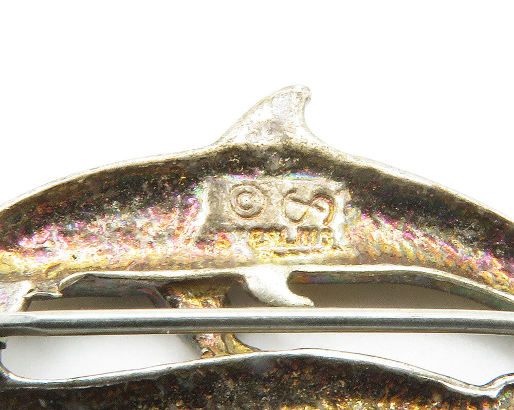 SHUBE 925 Sterling Silver  Vintage Swimming Dolphins Brooch Pin  BP5695