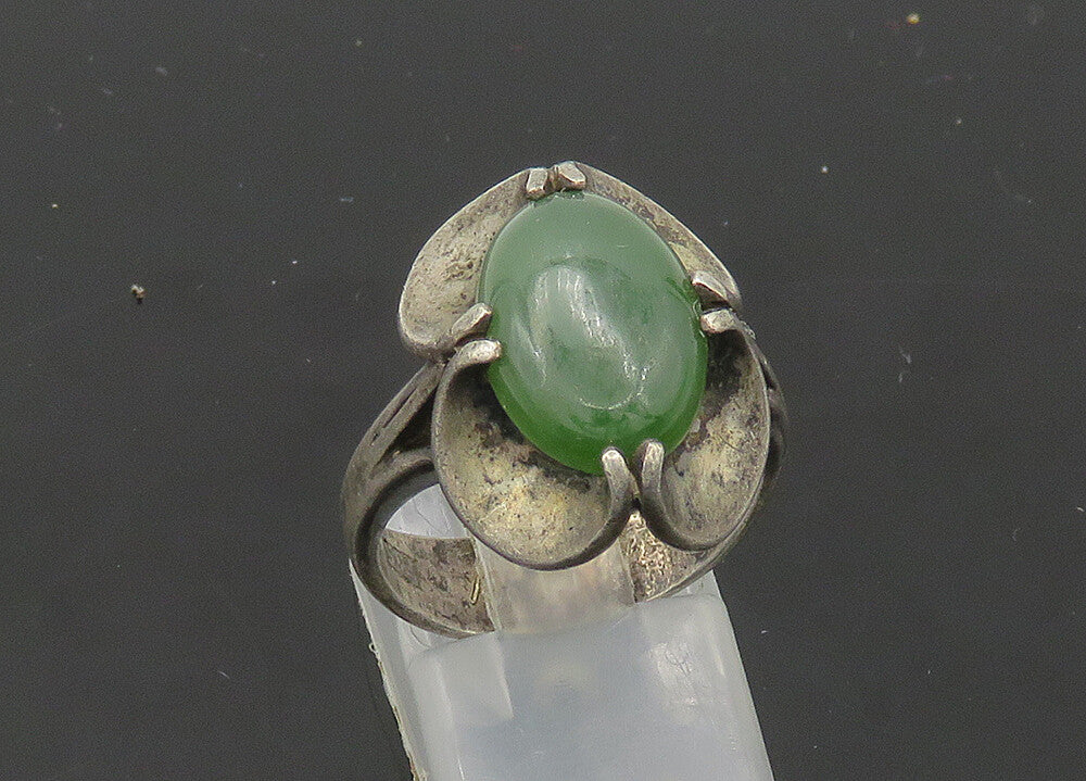 EUROPEAN 925 Silver  Vintage Antique Green Jasper Cocktail Ring Sz 8  RG20879