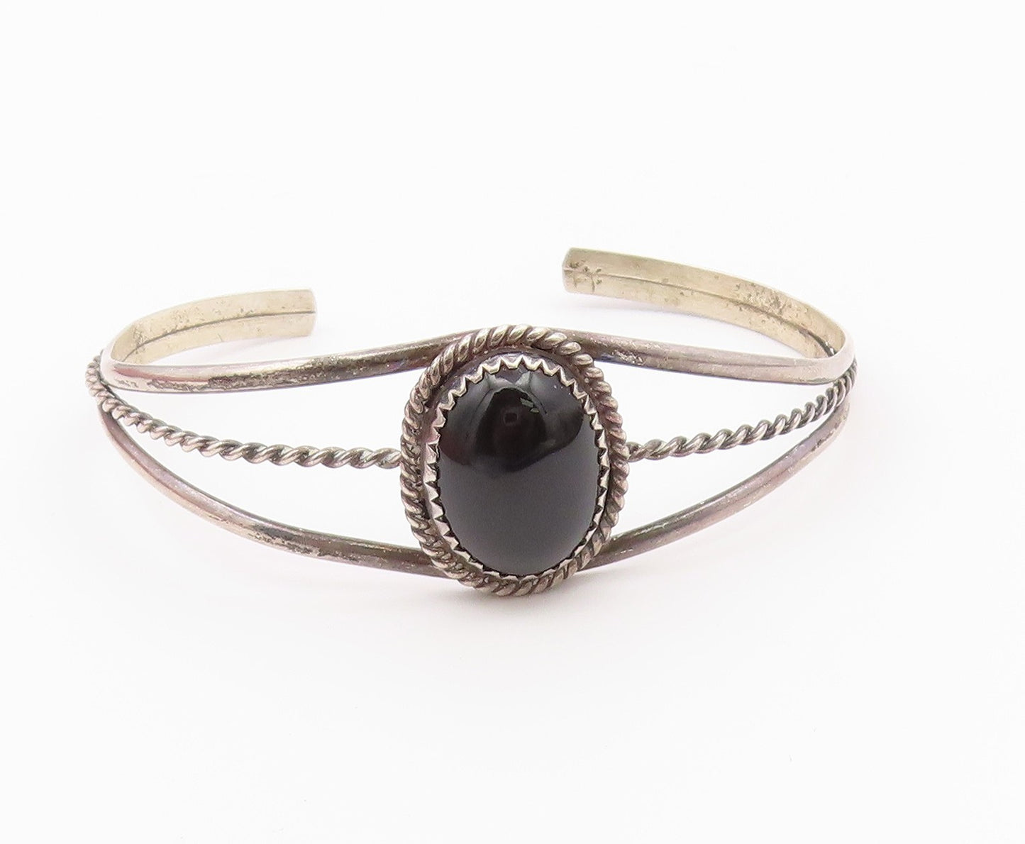 NAKAI NAVAJO 925 Silver  Vintage Cabochon Black Onyx Cuff Bracelet  BT8944