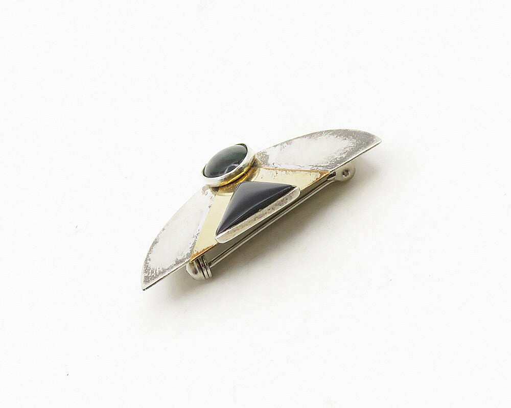 925 Silver & 14K GOLD  Vintage Black Onyx & Abalone 2 Tone Brooch Pin  BP7388