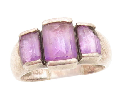 925 Sterling Silver Vintage Ring Three Stone Amethyst Dome Band  Sz 5.5  RG33845