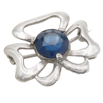 925 Sterling Silver  Vintage Blue Topaz Shiny Open Flower Brooch Pin  BP7555