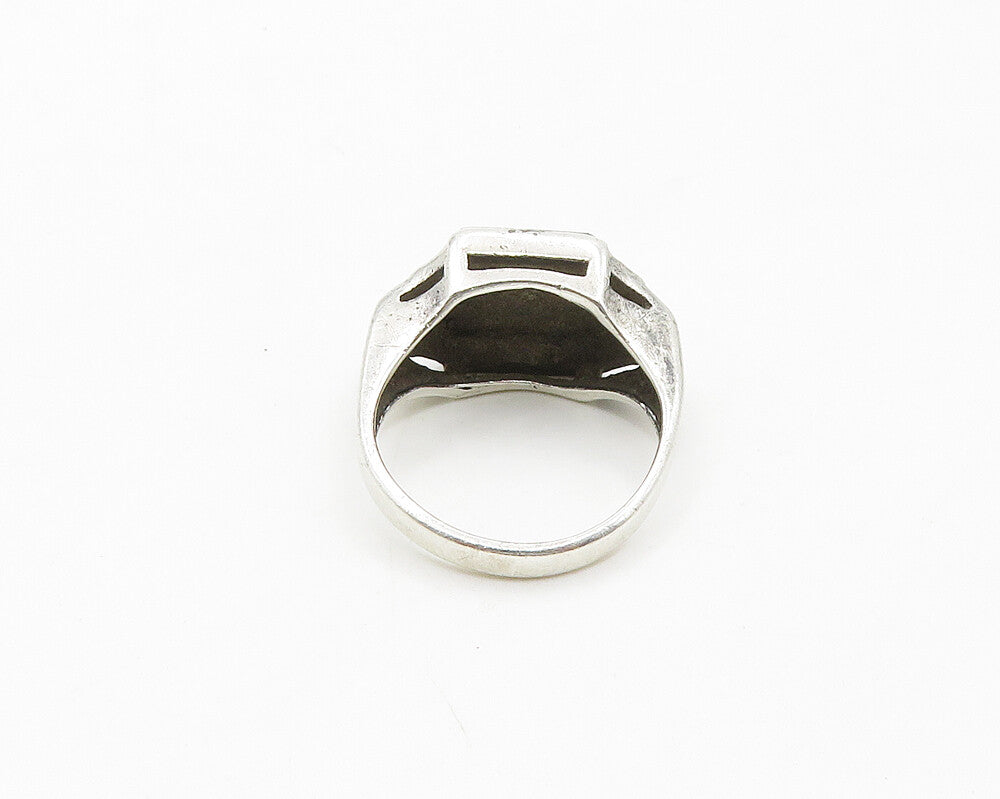 925 Silver  Vintage Mother Of Pearl & Black Onyx Dome Band Ring Sz 5  RG19280