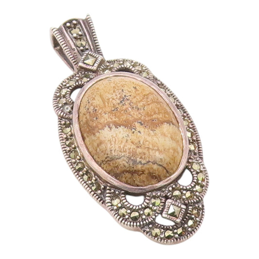 925 Sterling Silver  Vintage Jasper & Marcasite Swirl Drop Pendant  PT20112