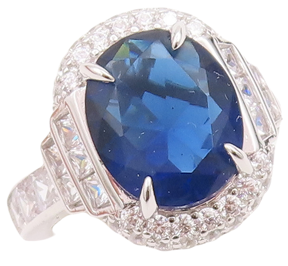 925 Sterling Silver Vintage Ring Designer Oval Sapphire Halo CZ  Sz 7  RG29028