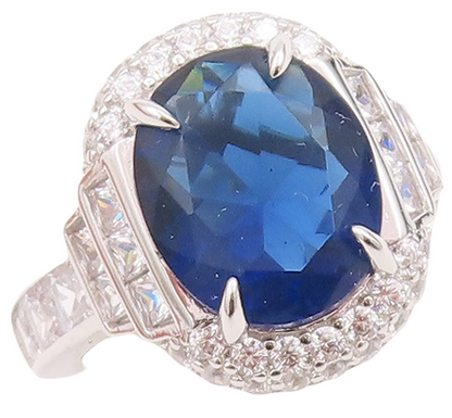 925 Sterling Silver Vintage Ring Designer Oval Sapphire Halo CZ  Sz 7  RG29028