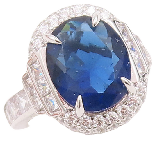 925 Sterling Silver Vintage Ring Designer Oval Sapphire Halo CZ  Sz 7  RG29028