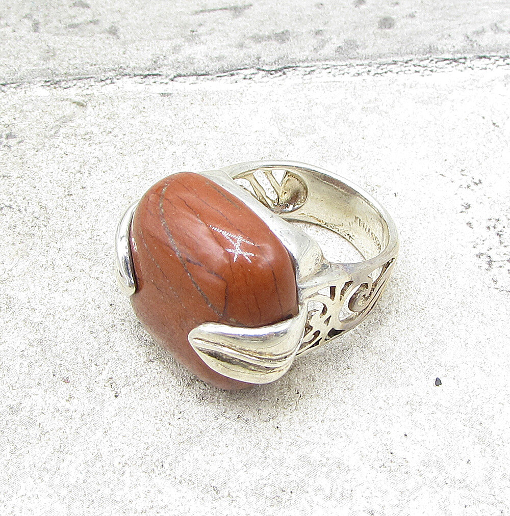 925 Sterling Silver  Red Jasper Floral Wrapped Solitaire Ring Sz 7  RG1570