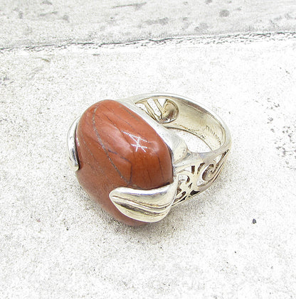 925 Sterling Silver  Red Jasper Floral Wrapped Solitaire Ring Sz 7  RG1570