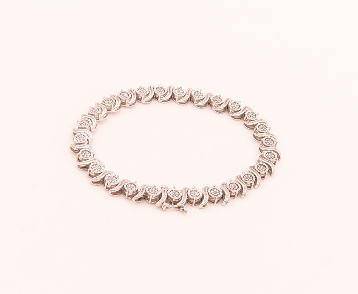 925 Silver Vintage Swirly S & Diamonds Circular Alternat Link Bracelet BT10044
