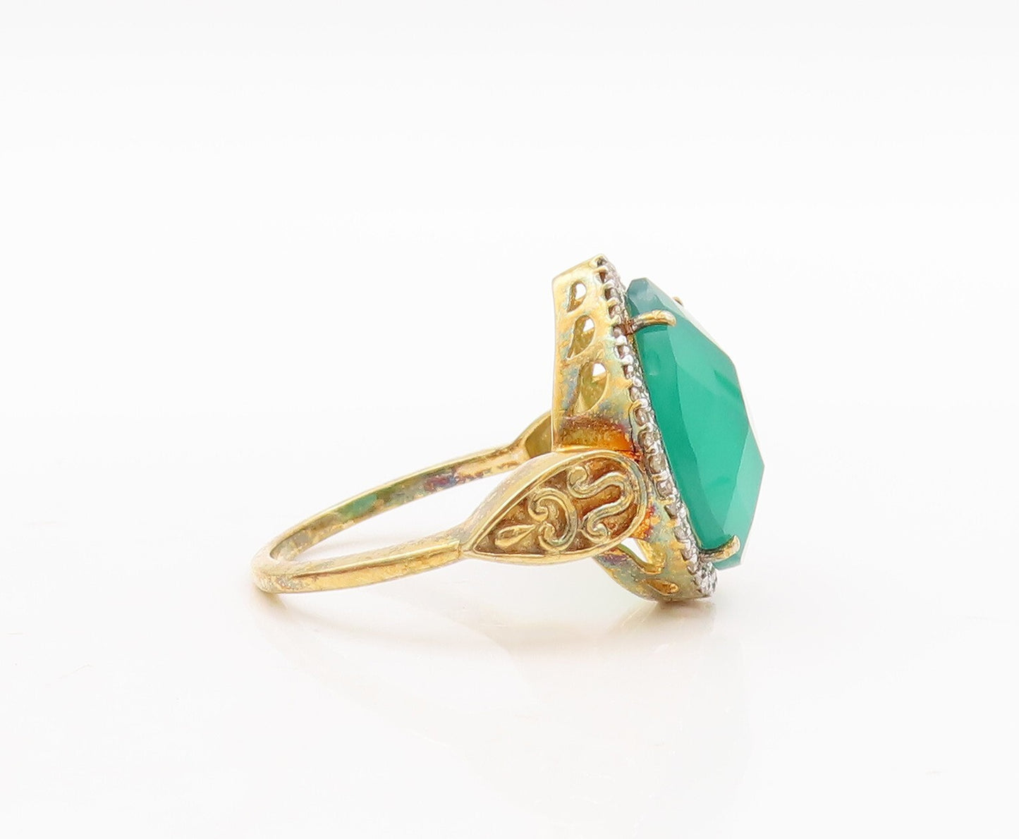 925 Sterling Silver Vintage Ring Gold Plated Diamond Green Gemstone Sz 8 RG29192