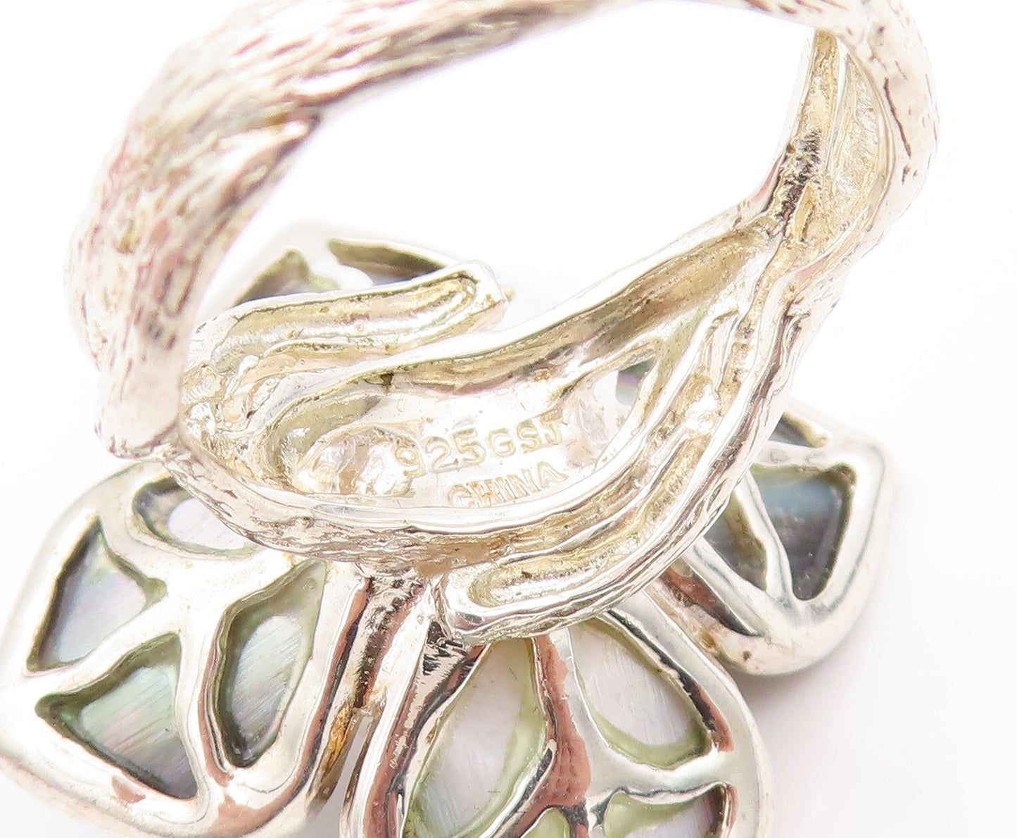 925 Sterling Silver Vintage Ring Pearl Abalone Cutout Flower  SZ 10  RG32147