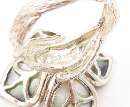 925 Sterling Silver Vintage Ring Pearl Abalone Cutout Flower  SZ 10  RG32147