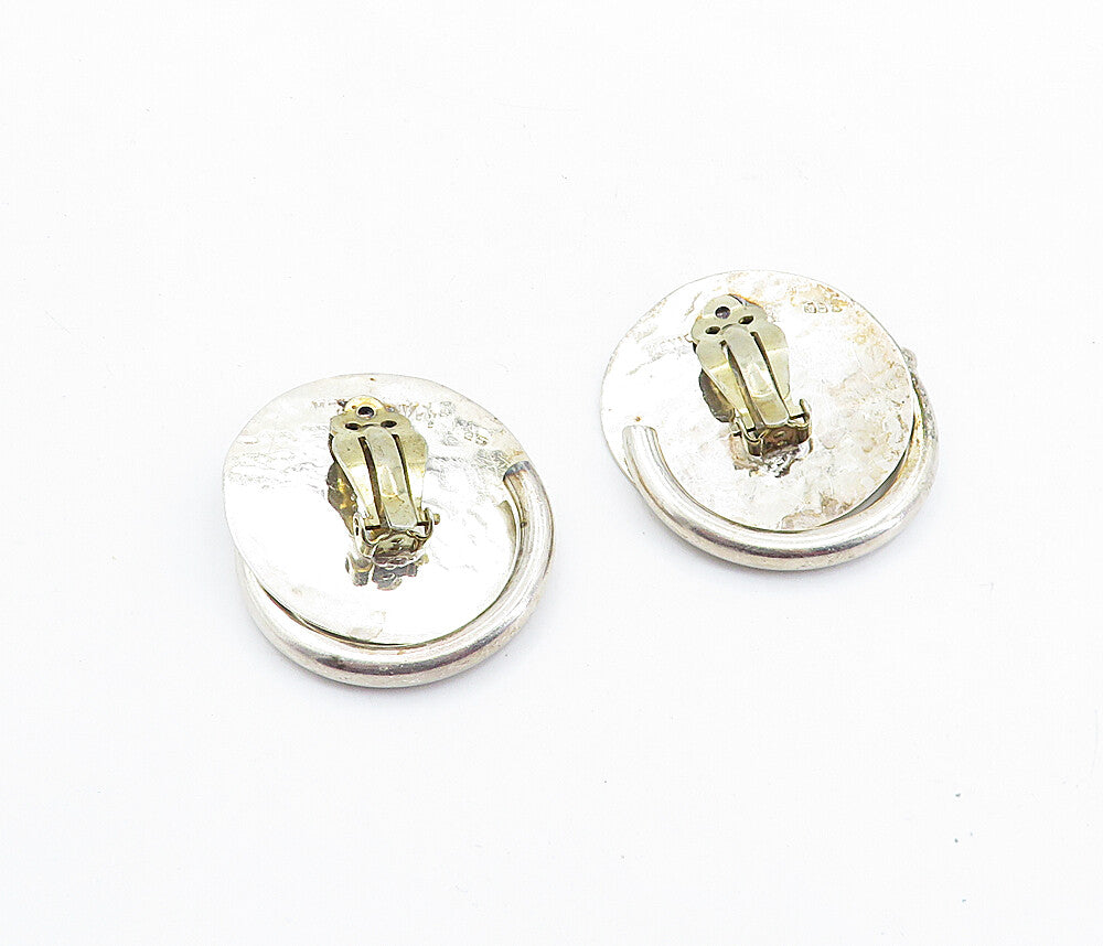 MEXICO 925 Sterling Silver Vintage Modernist Hammered Non Pierce Earrings EG2875