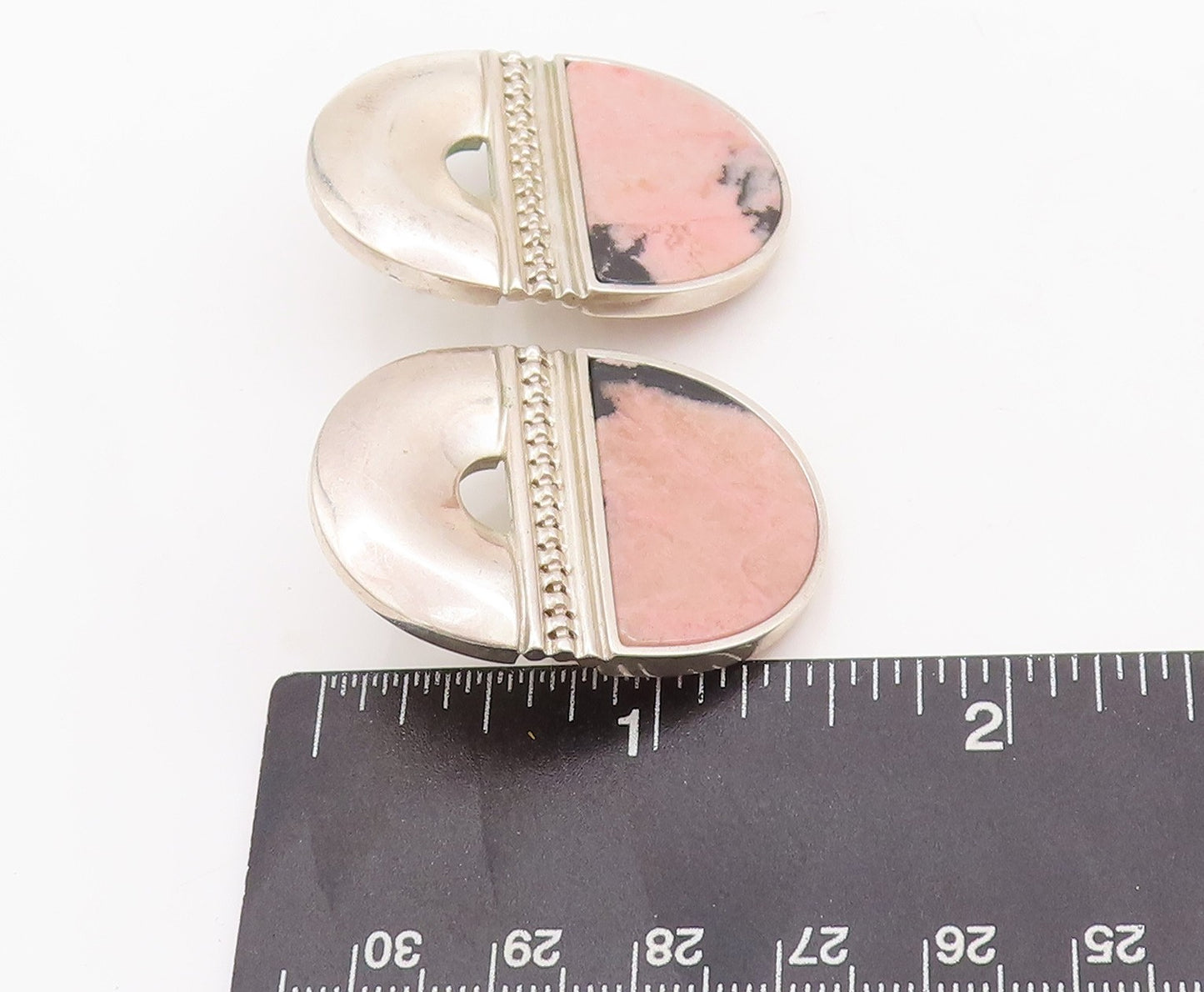 925 Sterling Silver Vintage Earrings Designer Carved Pink Black Gemstone EG12964