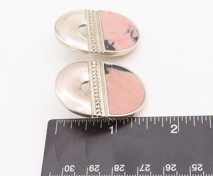 925 Sterling Silver Vintage Earrings Designer Carved Pink Black Gemstone EG12964